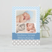 Modern Chevron Baby Blue Grey Foto Birth Aankondiging (Staand voorkant)