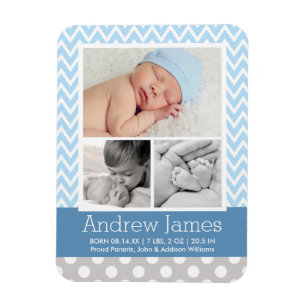 Modern Chevron Baby Blue Grey Foto Birth Magneet