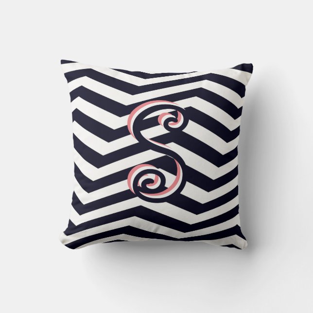 Modern Chevron Black Stripe Pink Trendy Monogram Kussen (Voorkant)