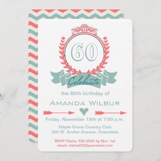 Modern Chevron Coral Blue 60th Birthday Invitation Kaart (Voorkant / Achterkant)