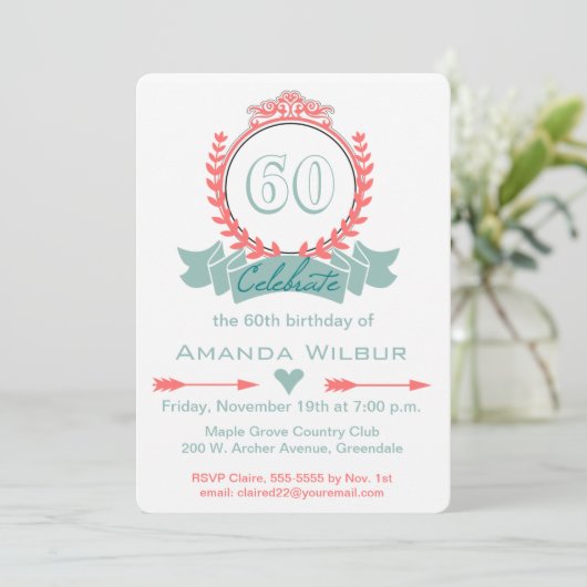 Modern Chevron Coral Blue 60th Birthday Invitation Kaart (Staand voorkant)