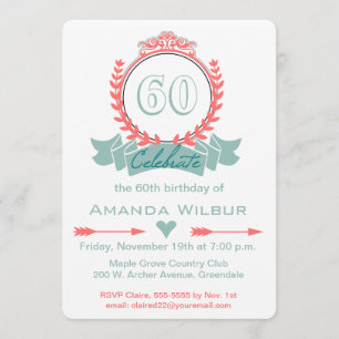 Modern Chevron Coral Blue 60th Birthday Invitation Kaart
