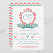 Modern Chevron Coral Blue 65th Birthday Invitation Kaart (Voorkant / Achterkant)