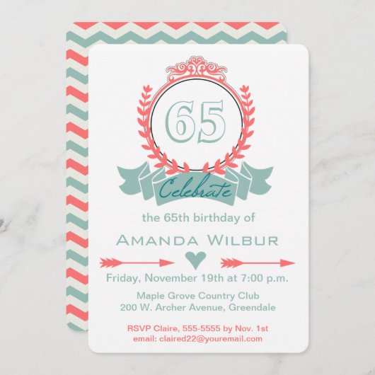 Modern Chevron Coral Blue 65th Birthday Invitation Kaart (Voorkant / Achterkant)