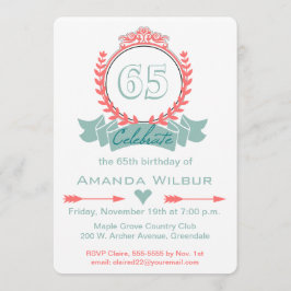 Modern Chevron Coral Blue 65th Birthday Invitation Kaart