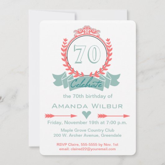 Modern Chevron Coral Blue 70th Birthday Invitation Kaart (Voorkant)