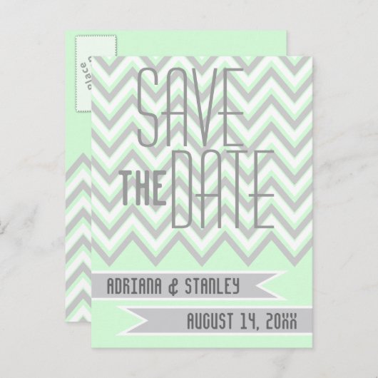 Modern chevron gray, munt bruiloft Save the Date Aankondigingskaart (Voorkant / Achterkant)