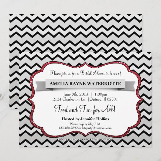 Modern Chevron Gray Red Vrijgezellenfeest Invite Kaart (Voorkant / Achterkant)
