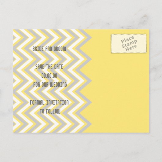 Modern chevron grijs, gele bruiloft Sparen de Datu Aankondigingskaart (Achterkant)