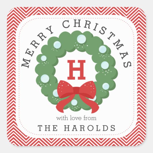 Modern Chevron Merry Kerstmis met Monogrammed Vierkante Sticker (Voorkant)