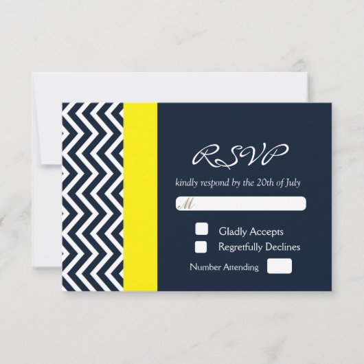 Modern Chevron Navy Blue Yellow Wedding RSVP Kaart (Voorkant)