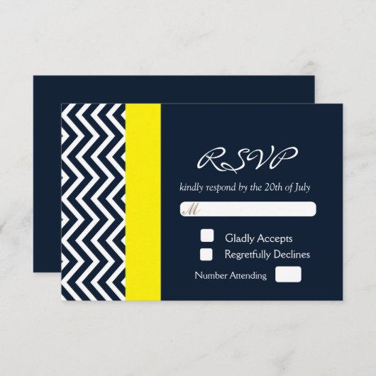 Modern Chevron Navy Blue Yellow Wedding RSVP Kaart (Voorkant / Achterkant)