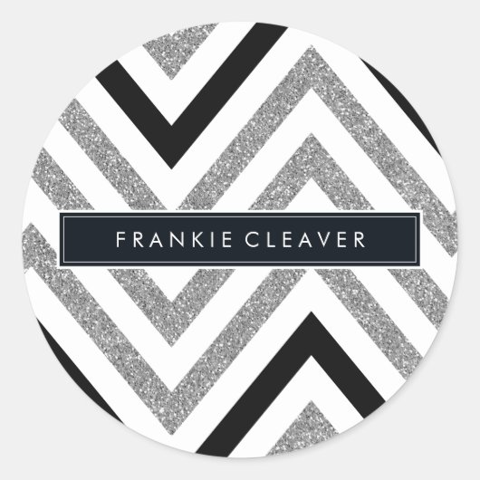 MODERN CHEVRON PATROON trendy zilveren glitter zwa Ronde Sticker (Voorkant)