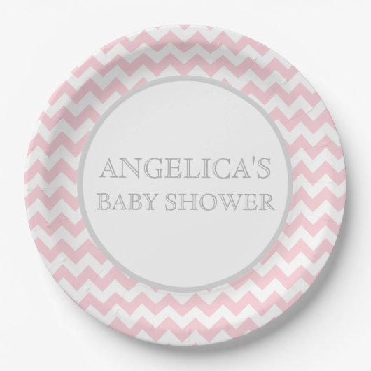 Modern Chevron Pink Grey/Grey Baby shower Girl Papieren Bordje (Voorkant)