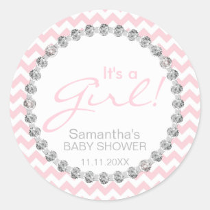 Modern Chevron Pink White Het is een meisje Baby s Ronde Sticker