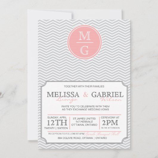 Modern Chevron Wedding Invitation Pink Kaart (Voorkant)