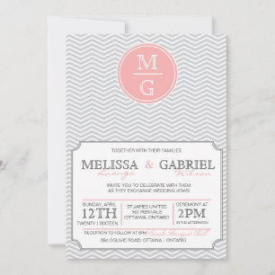 Modern Chevron Wedding Invitation Pink Kaart