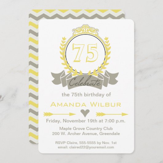 Modern Chevron Yellow Gray Birthday Invitation Kaart (Voorkant / Achterkant)
