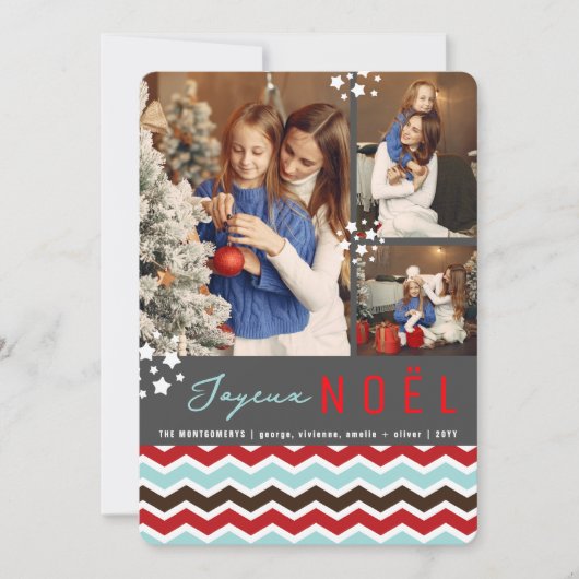 Modern Chevron Zig Zag Patroon Joyeux Noel 3 Foto Feestdagenkaart (Voorkant)