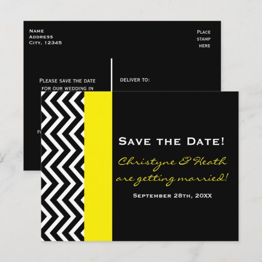 Modern Chevron Zwart & Geel Save Date Briefkaart (Voorkant / Achterkant)