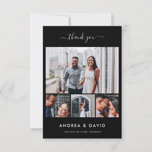 Modern Chic 4 Fotocollage Website Zwart Bruiloft Bedankkaart (Voorkant)
