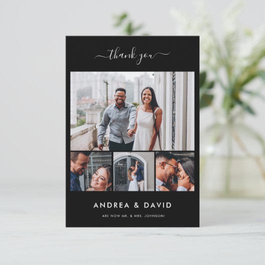 Modern Chic 4 Fotocollage Website Zwart Bruiloft Bedankkaart (Staand voorkant)