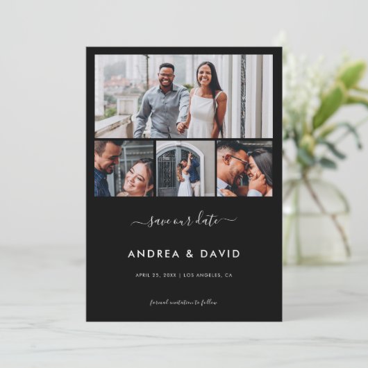 Modern Chic 4 Fotocollage Website Zwart Bruiloft Save The Date (Staand voorkant)