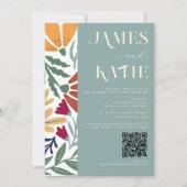 Modern Chic Abstract Floral Retro Sage Wedding QR Kaart (Voorkant)