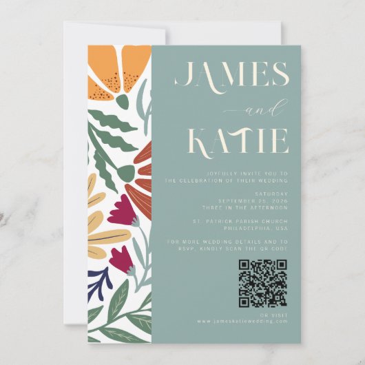 Modern Chic Abstract Floral Retro Sage Wedding QR Kaart (Voorkant)