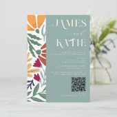Modern Chic Abstract Floral Retro Sage Wedding QR Kaart (Staand voorkant)