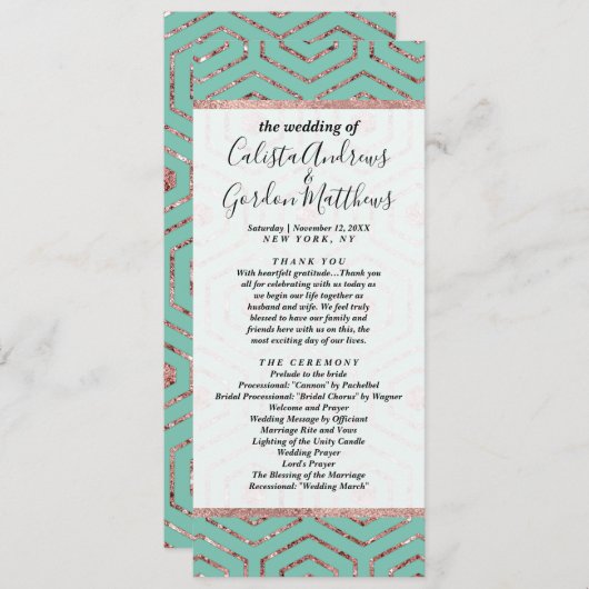 Modern Chic Aqua Roos Gold Glitter Hexagon Geo Programmakaart (Voorkant / Achterkant)