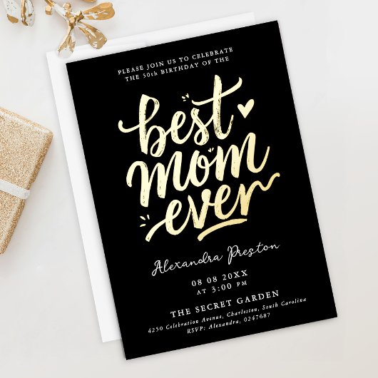 Modern Chic Black Best Mom 50th Gold Brush Script Folie Uitnodiging