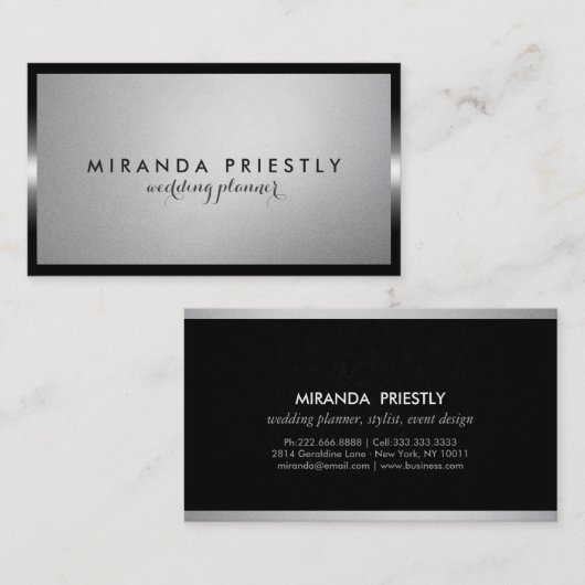 Modern Chic Black en Silver Foil bruiloft planner Visitekaartje (Voorkant / Achterkant)