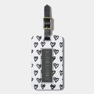 Modern Chic Black en White Marble Hearts Pattern Bagagelabel
