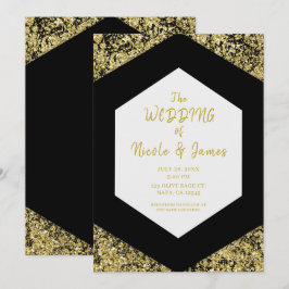 Modern Chic Black Gold Glitter Flakes Glam Wedding Kaart