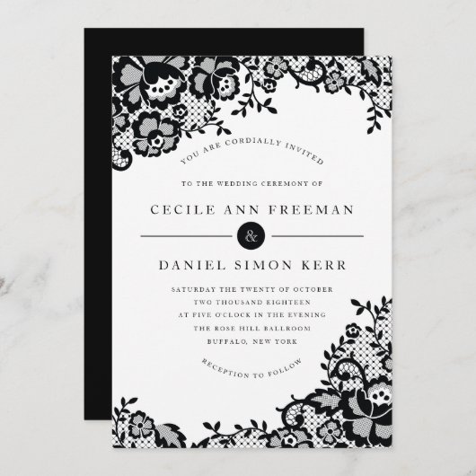 Modern Chic Black Lace Formal Wedding Invitation Kaart (Voorkant / Achterkant)