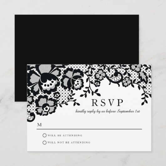Modern Chic Black Lace Formal Wedding RSVP (Voorkant / Achterkant)