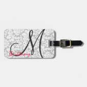 Modern Chic Black Monogram op Grey Damask Bagagelabel (Voorkant horizontaal)