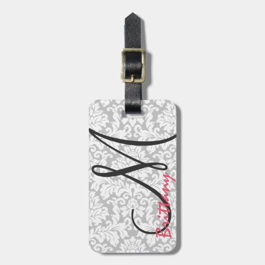 Modern Chic Black Monogram op Grey Damask Bagagelabel (Voorkant verticaal)