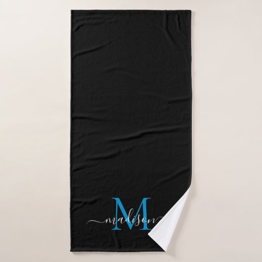 Modern Chic Black Ocean Blue Monogram Script Naam Badhanddoek (Badhanddoek)