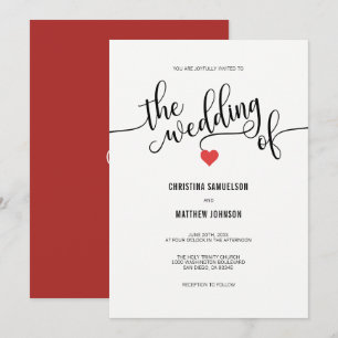 Modern Chic Black, White RED Heart Wedding Kaart