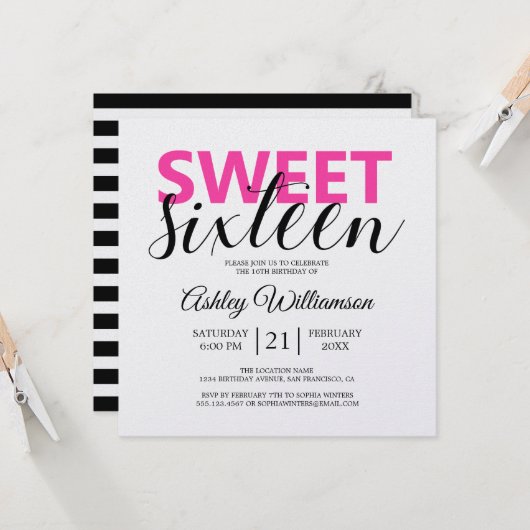 Modern Chic Black White Stripes roze Sweet 16 Kaart (Voorkant / Achterkant in situ)