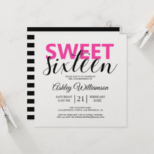 Modern Chic Black White Stripes roze Sweet 16 Kaart