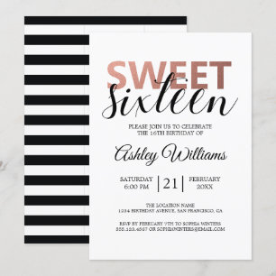 Modern Chic Black White Stripes roze Sweet 16 Kaart