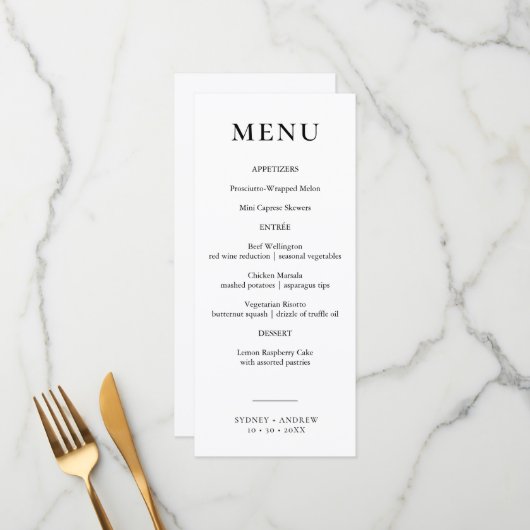 Modern Chic Black & White Wedding Menu (Voorkant / Achterkant in situ)