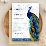 Modern Chic Blue Glitter Peacock Indian Wedding Kaart<br><div class="desc">Verrijk je gasten met deze elegante vredesthemasite bruiloft met een mooie pauw met levendige veren en moderne typografie op een witte marmerachtergrond. Voeg eenvoudig uw gebeurtenisdetails op deze makkelijk te gebruiken sjabloon toe om het één-van-een-soort uitnodiging te maken. Draai de kaart om een nepblauwe glitterstructuur op de achterkant van de...</div>