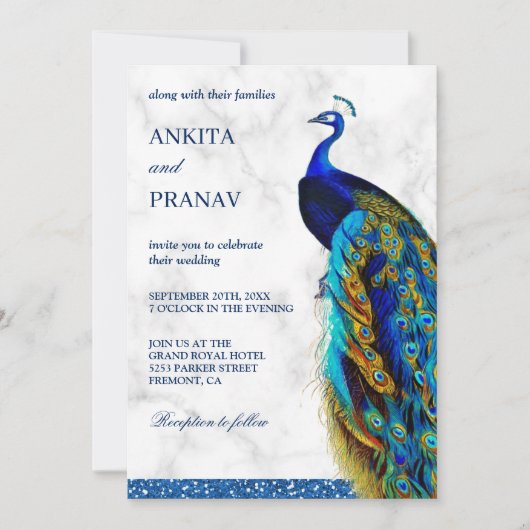 Modern Chic Blue Glitter Peacock Indian Wedding Kaart (Voorkant)