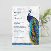 Modern Chic Blue Glitter Peacock Indian Wedding Kaart (Staand voorkant)