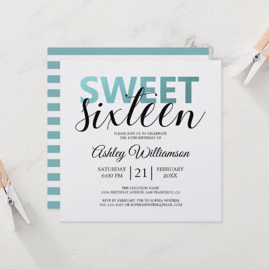 Modern Chic Blue White Stripes roze Sweet 16 Kaart (Voorkant / Achterkant in situ)