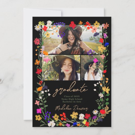 Modern chic boho bright wild flower afstuderen aankondiging (Voorkant)